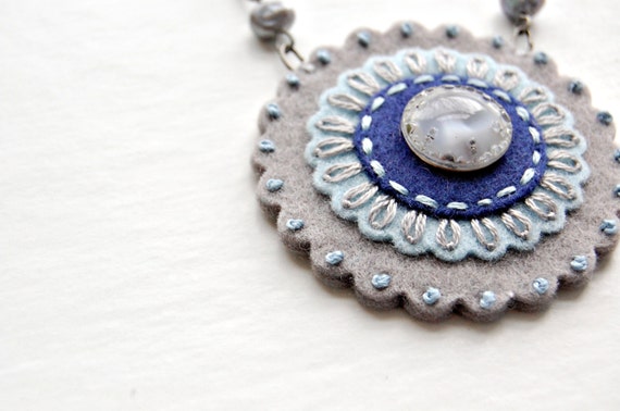 Lacy Petals Embroidered Fiber Necklace in Midnight Blue