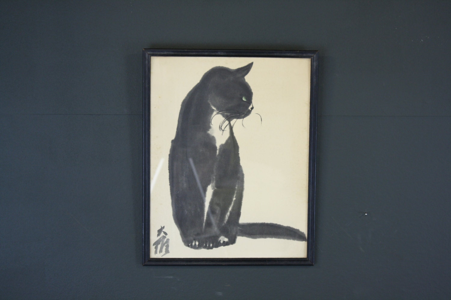 VTG 50s Black Cat Signed Japanese Art Watercolor Modern Painting