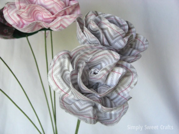 Fabric flower bouquet and fabric bird, large fabric roses, gray and pink chevron flower centerpiece.