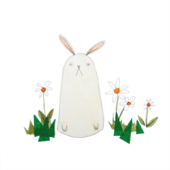 Adorable Bunny Illustration, Paper Collage, Easter Bunny, Daisy, Flowers, Spring, Cute, Green, Orange, Nature, Nursery Art, Poosac