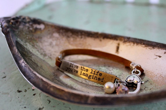 Quote Leather Bracelet "Live the Life You've Imagined" with Pearl and Crystal