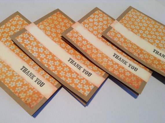 Set of four thank you note cards, stationary, orange, patterned