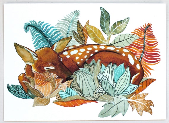 Deer Watercolor Painting - Illustration Art - Large Archival Print - 11x14 Oh Deer