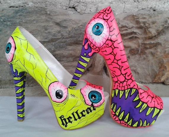 Monster Heels - Hand Painted High Heels - Hand Painted Shoes- Custom Shoes-Neon Color (Free Shipment)