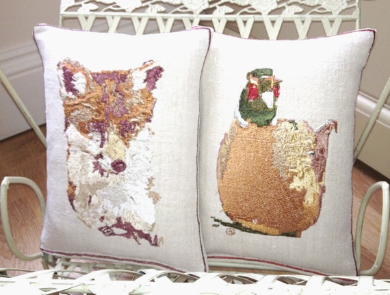 Vintage Linen,  Felix the Fox or Pierce the Pheasant, Embroidery Art Throw Cushion