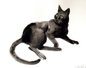 Black cat, original watercolor painting, 12 X 9 modern painting