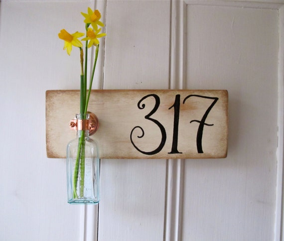 CUSTOM ORDER, House Number, Wall Flower Vase, Outdoor Decor, Signage, Wedding Date, New Home, Antique Bottle, Copper Hanger, Housewarming