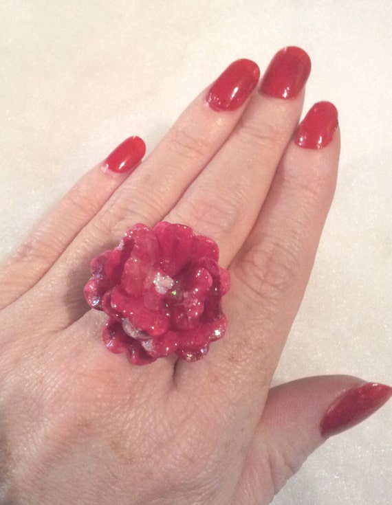 Handmade Gorgeous Melt Pot Resin Deep Cerise Pink Flower Ring - With Adjustable Shank