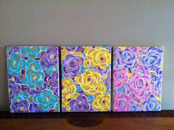 Yellow, Teal, Purple, Pink and Gold Flower Original Painting (Set)