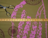 Fabric by the Yard deep olive green cotton, silk screened yardage in pearled pink bell flowers and maroon red compass rose pattern