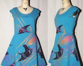 Turquoise Cotton Jersey Spring Dress with red horse, metallic wood grain, and pink sterculia screenprint