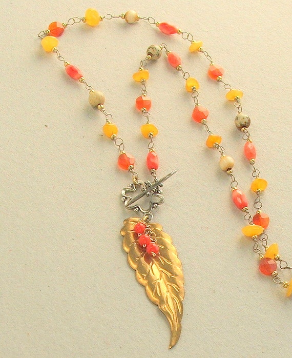 Handmade Rosary Necklace, Leaf Pendant Necklace, Front Toggle Clasp, Artisan Necklace Sundance Style Wire Wrapped, Orange, Yellow, Red