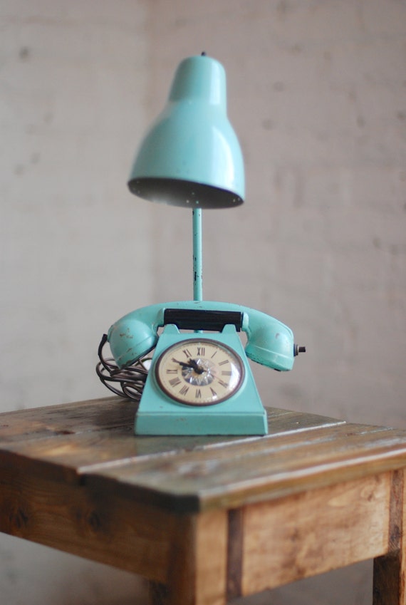 Vintage Teal Phone Clock Lamp