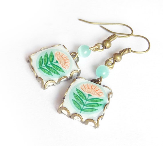 Springtime Scandinavian pattern tile earrings. Nordic flower. Mint and white scandinavian flower. Christmas gift