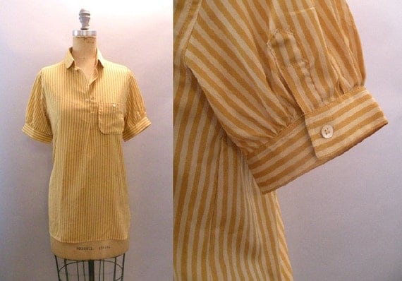 Vintage Mustard Yellow Striped Shirt Breast Pocket Blouse