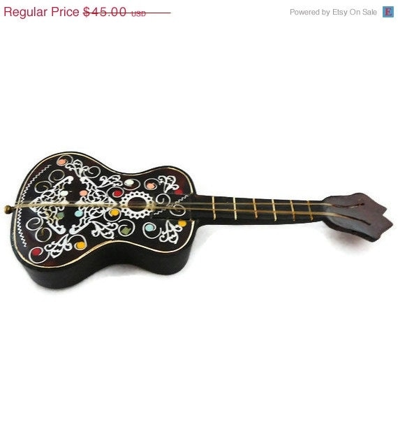 50% OFF Vintage Bakelite Guitar Music Box with Floral Inlay "Lara's Theme"