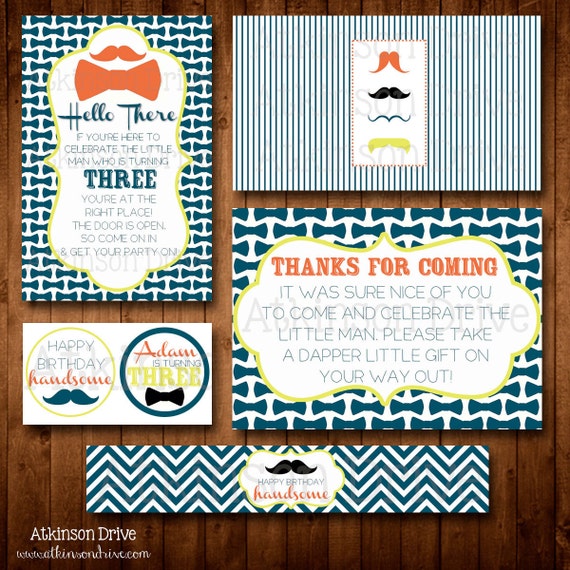Printable Little Man Mustache/Pinstripes Birthday Party Pack