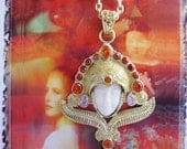 Stunning "Isis, Goddess of  Renewal" Gold Necklace - Garnet and Pink Topaz and Ox Bone Quartz Carved Goddess Face Artisan Jewelry
