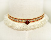 SALE white tassel fringe indian lace vintage choker necklace ethnic beaded charm boho hippie
