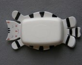 Ceramic Soap Dish, Funny, Cat, Cat Shape, White, Black, Handmade, Bathroom Decor