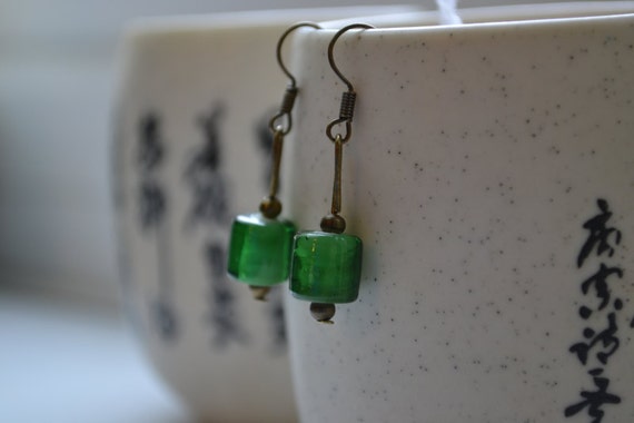 Glass Bead Earrings - Lovely Green Glass Bead Brass Hook Earrings