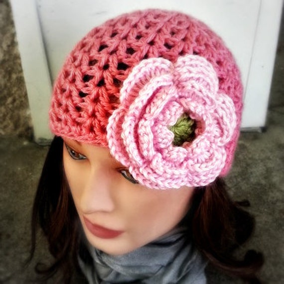 Crocheted Pink Beanie with BIG Light Pink Flower Pin/Brooch