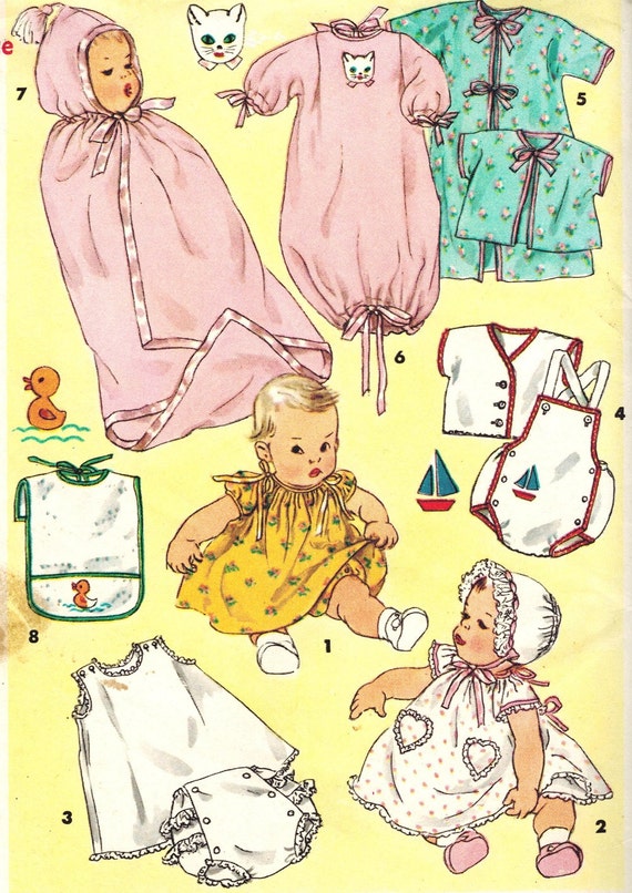 Simplicity 1443 UNCUT Vintage 50s Adorable Baby Infant Layette Sewing Pattern with Embroidery Transfer One Size