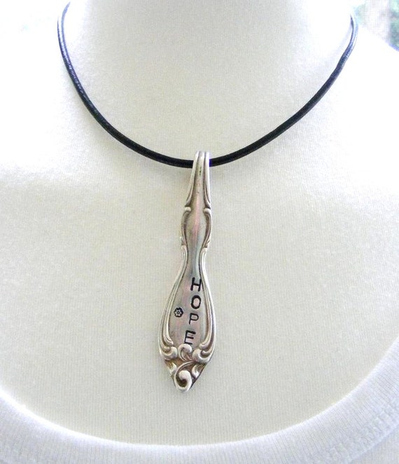 Vintage Spoon Pendant Stamped with Hope on Black by meiguidesigns