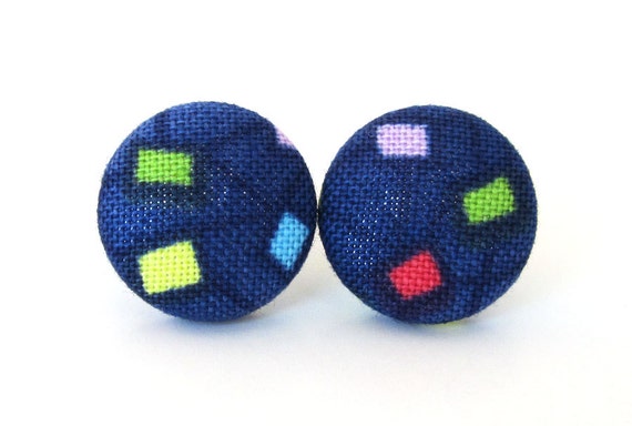 Funky stud earrings  dark blue button earrings  by KooKooCraft