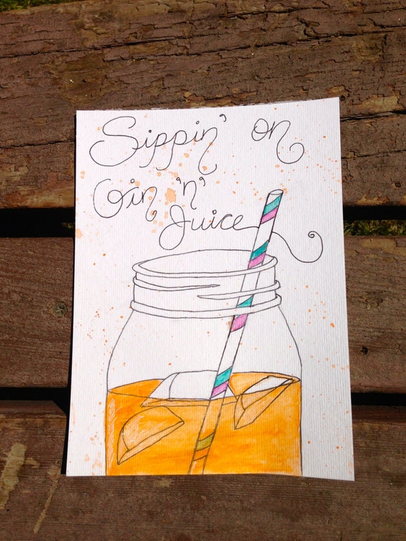Original 6x8 Gin and Juice Summer Mason Jar Illustration Original 6x8 Gin and Juice Summer Mason Jar Illustration