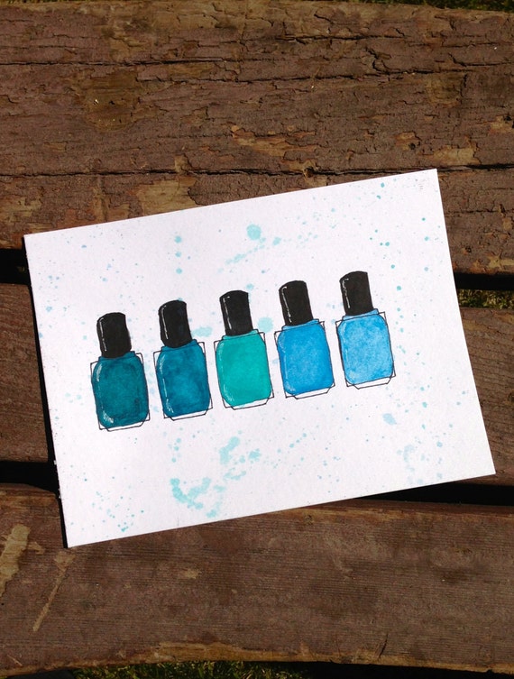 Original 6x8 Nail Polish Illustration in Shades of Blue Original 6x8 Nail Polish Illustration in Shades of Blue