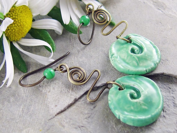 Ceramic Spiral Earrings Rustic Green Wirework Handmade Brass Ear Wires