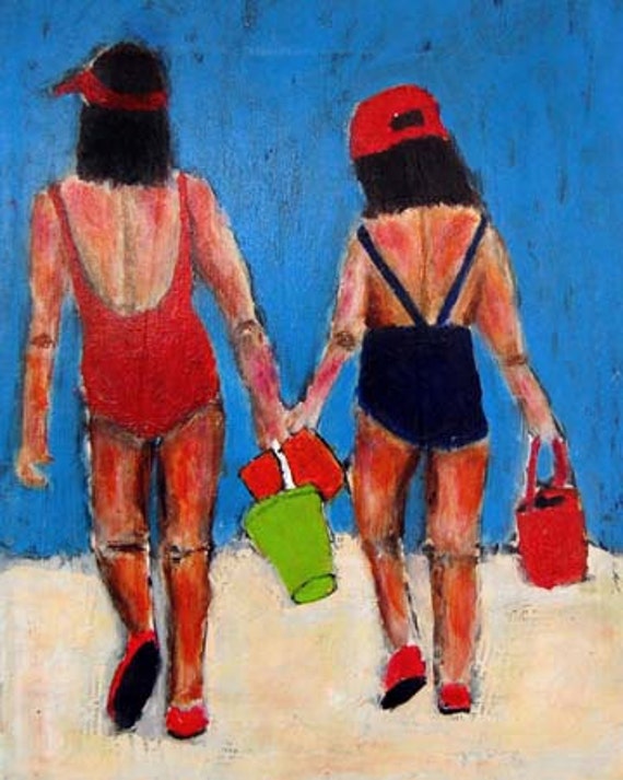 8x10 Print - Two Little Girls, Beach, Sand Pails, Bathing Suits, Blue Sky, Sand