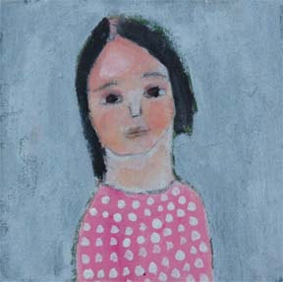 Original Acrylic Portrait Painting Linda Loo, Girl, pink, Polka Dots, Gray White 4x4 mini art chipboard