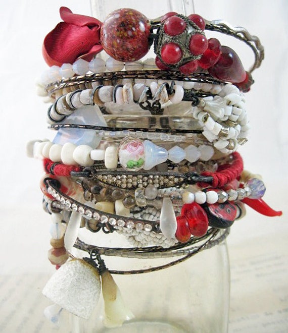 Build a Fire. Red and White Rustic Gypsy Bangle Stack, bracelet set.