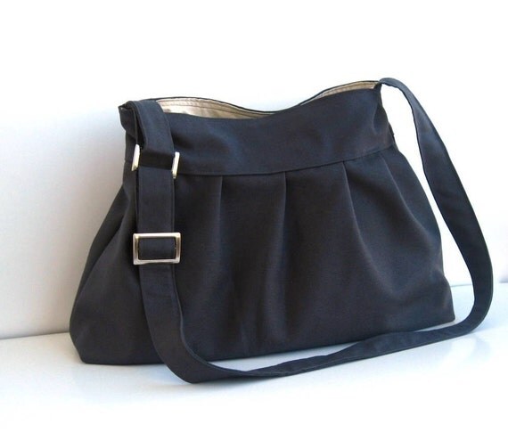Sale-Grey Messenger Bag-Canvas Shoulder Bag-Large-Pleated-ADJUSTABLE TO STRAPS