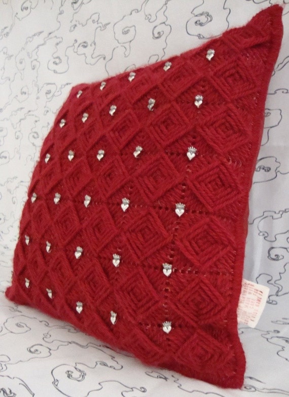 Needlepoint Handmade Pillow Cover with Heart and Crown Beads on Passion Red Squares / Shop Early for Christmas