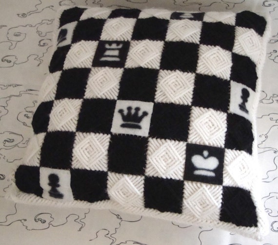 Needlepoint Handmade Pillow Cover with Black and White Chessmen and Squares. Chess Gamers / Shop Early for Christmas
