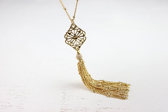 Black Friday Etsy, Cyber Monday Etsy Sale - Gold Tassel Necklace - fringe shimmer fashion accessory by petitor