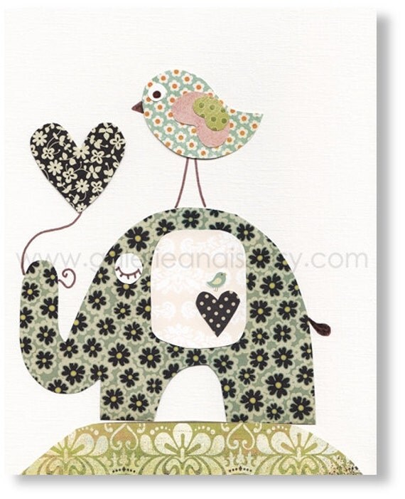Baby Decor Nursery Room Art Elephant Bird - "So Cute" 8x10 print