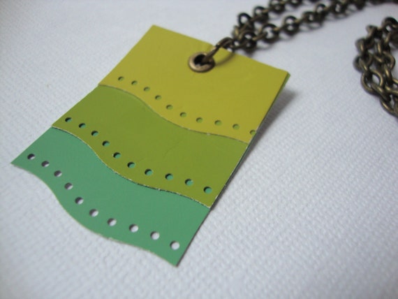 Paint chip necklace green, teal, pear on antiqued bronze chain
