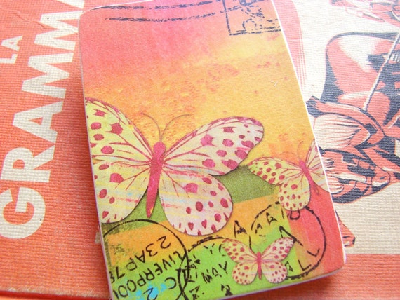 Big Wood Pin Brooch Orange Butterfly with Postmarks by mimiandlucy