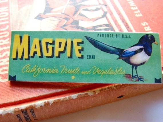 Vintage Produce Label Pin Brooch Magpie  Paper and by mimiandlucy