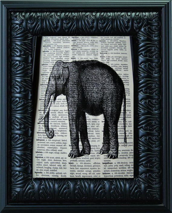 Book page with image printed over it. Elephant zoo
