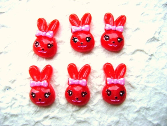 6 Red Rabbit Girl Kawaii Cabochons 15 cm 06 inch by DecoSweets