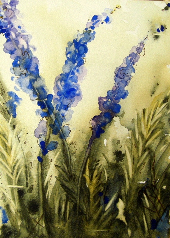 Lavender Watercolor Painting with Copper Easel  5 x 7 Original Botanical Art