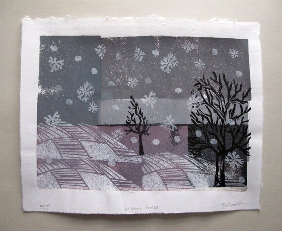 Snowy Winter Fields Linocut Monoprint
