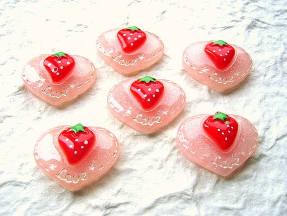WHOLESALE Cabochons 6 Kawaii Strawberry Heart LIGHT by DecoSweets