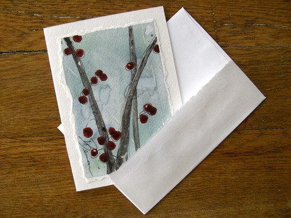 Christmas Card Red Berries Botanical Watercolor 5 x 7 Blank Card