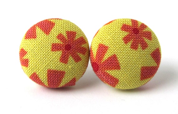 Stud earrings yellow pink red floral flowers by KooKooCraft